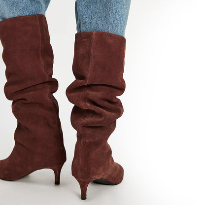 Coffee Faux Suede Pointed-Toe Wide Calf Knee High Stiletto Boots
