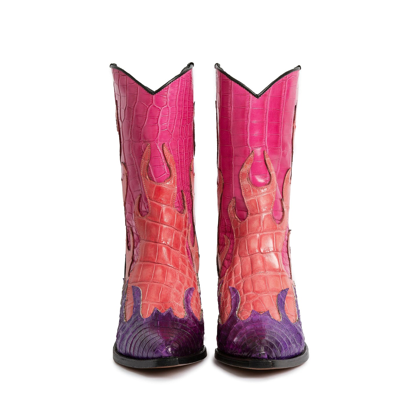 Contrast Tri-Colors Crocodile Print Pointed-Toe Flame Applique Ankle Cowgirl Boots