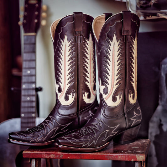 Black Snip-Toe Embroidery And Inlay Mid Calf Cowgirl Boots