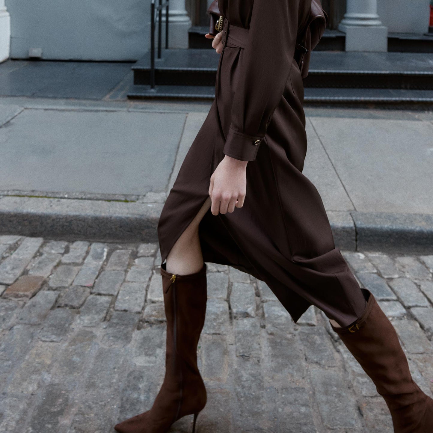 Chocolate Faux Suede Pointed-Toe Top Buckle Strap Full-Zip Knee High Stiletto Boots