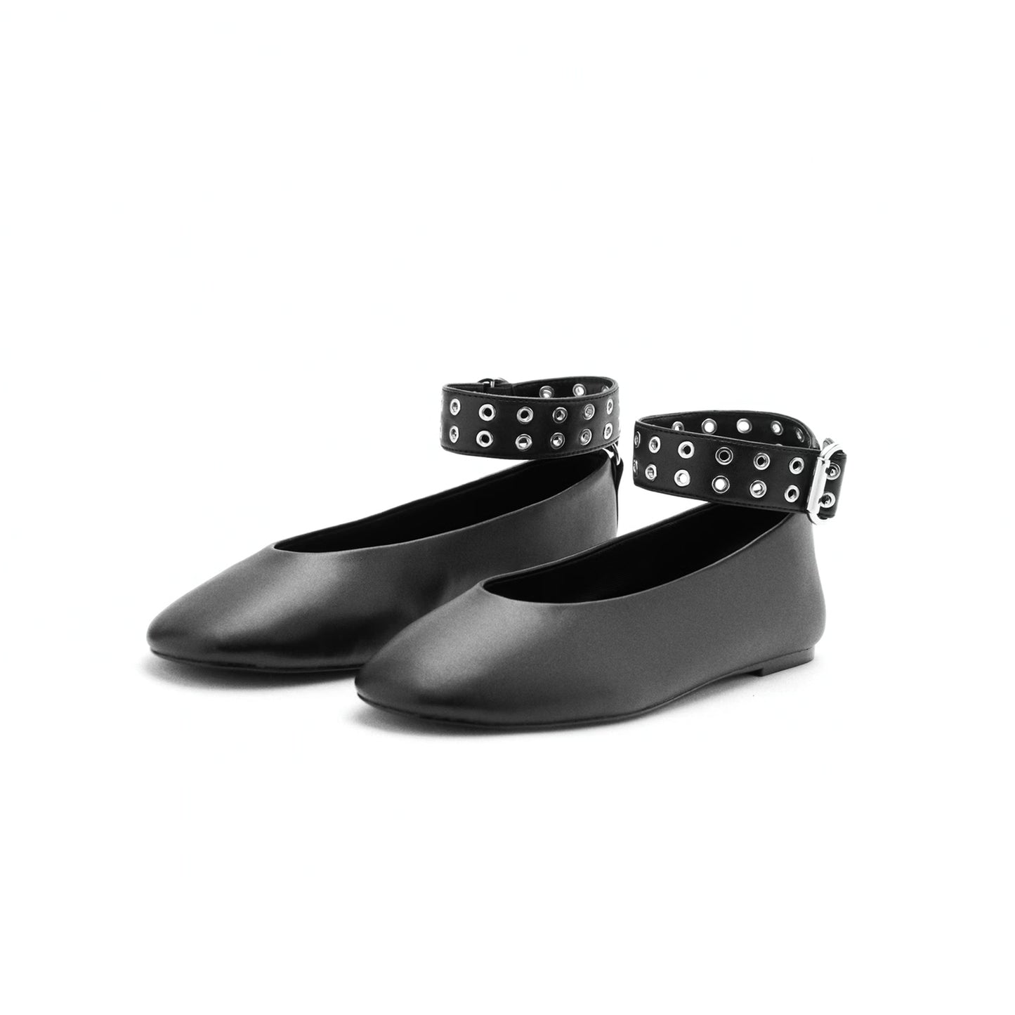 Black Round-Toe Eyelet Straps Ballet Flats.