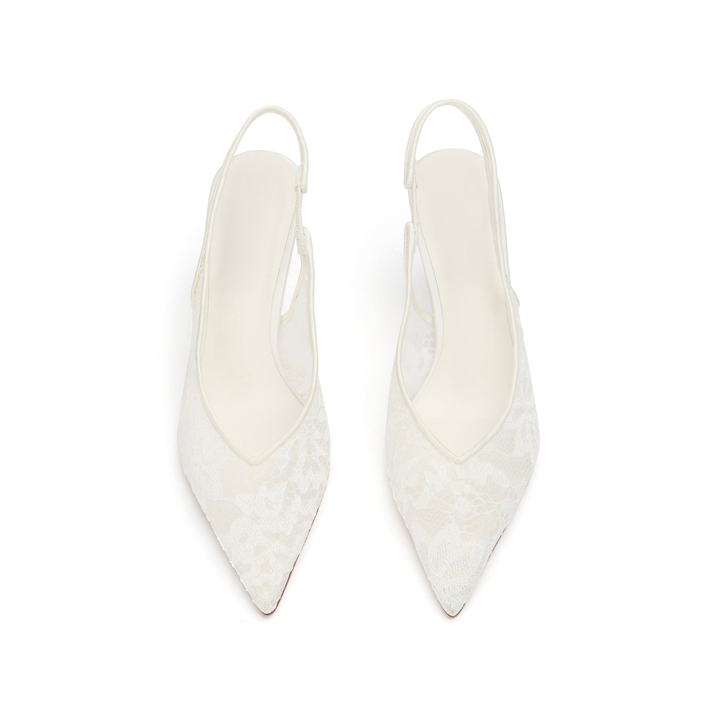Ivory Lace Mesh Pointed-Toe Classic Slingback Kitten Heels
