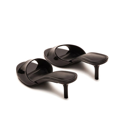 Patent Black Round-Toe Slip-On Mule Kitten Heels
