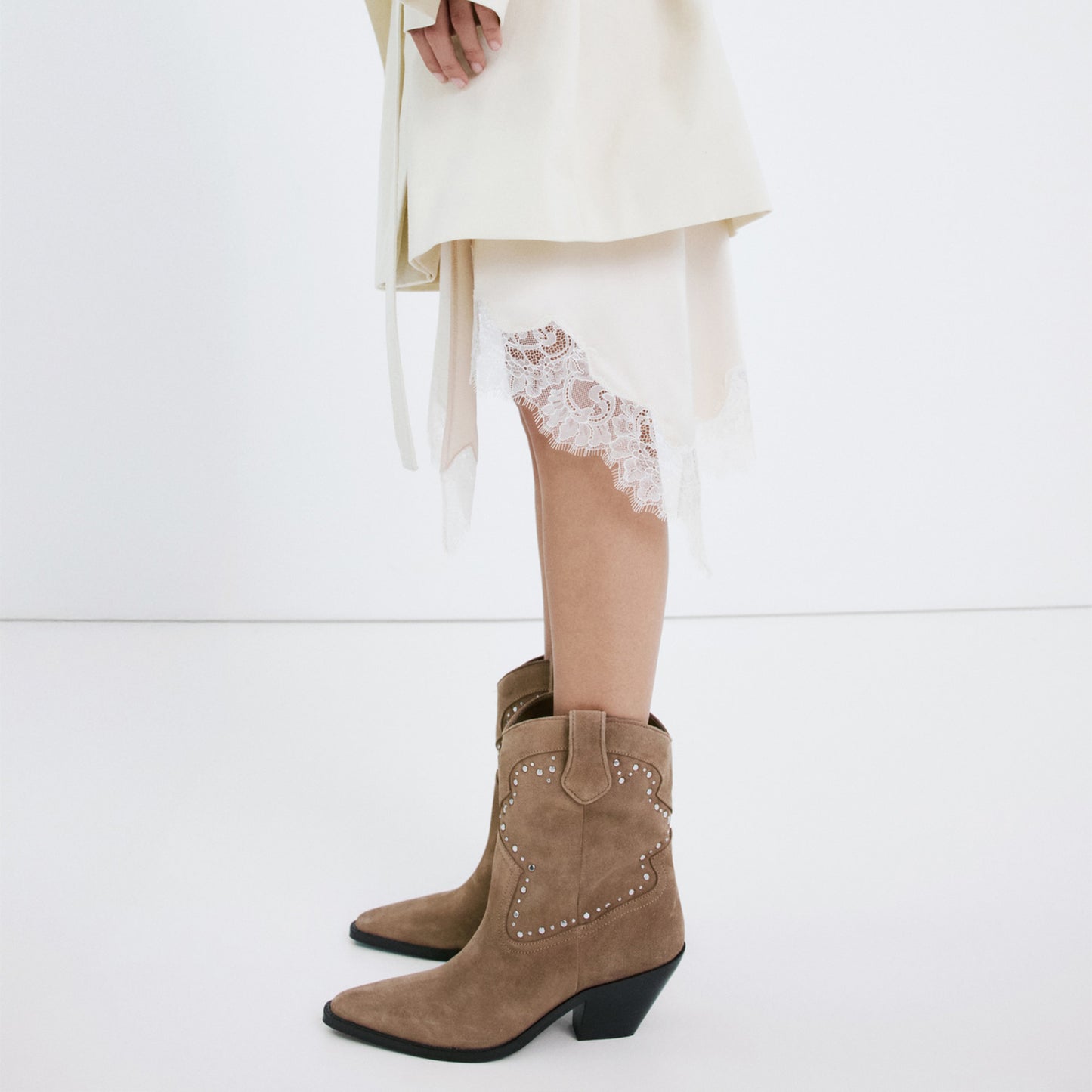 Dark Sand Faux Suede Pointed-Toe Studded Chic Ankle Cowgirl Boots
