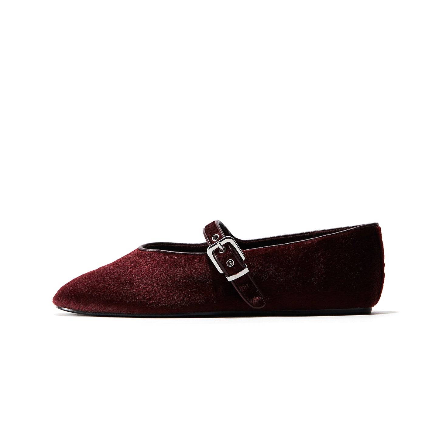 Burgundy Pony Hair Square-Toe Bridge Strap Ballet Flats