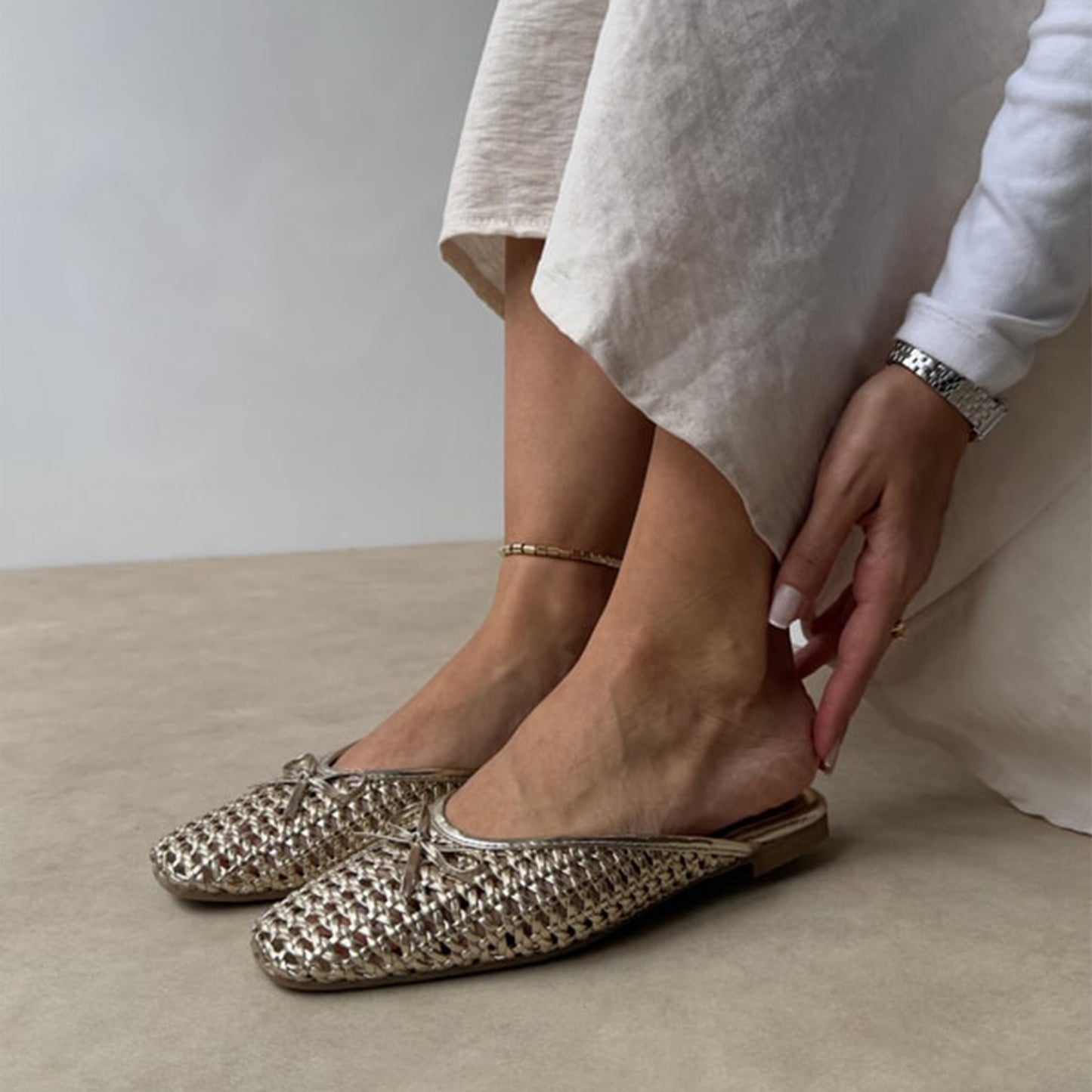Metallic Gold Woven Vegan Leather Square-Toe Front Bow Backless Chic Flats