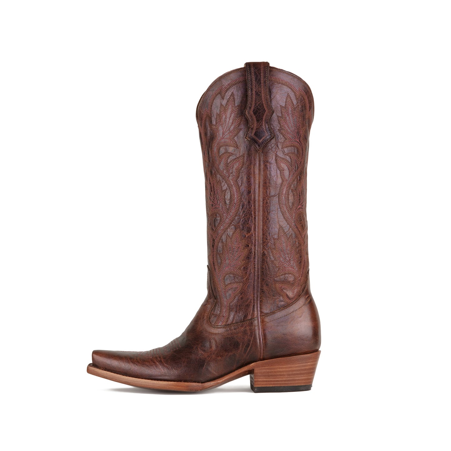 Cognac Snip-Toe Plant Embroidery Mid Calf Cowgirl Boots