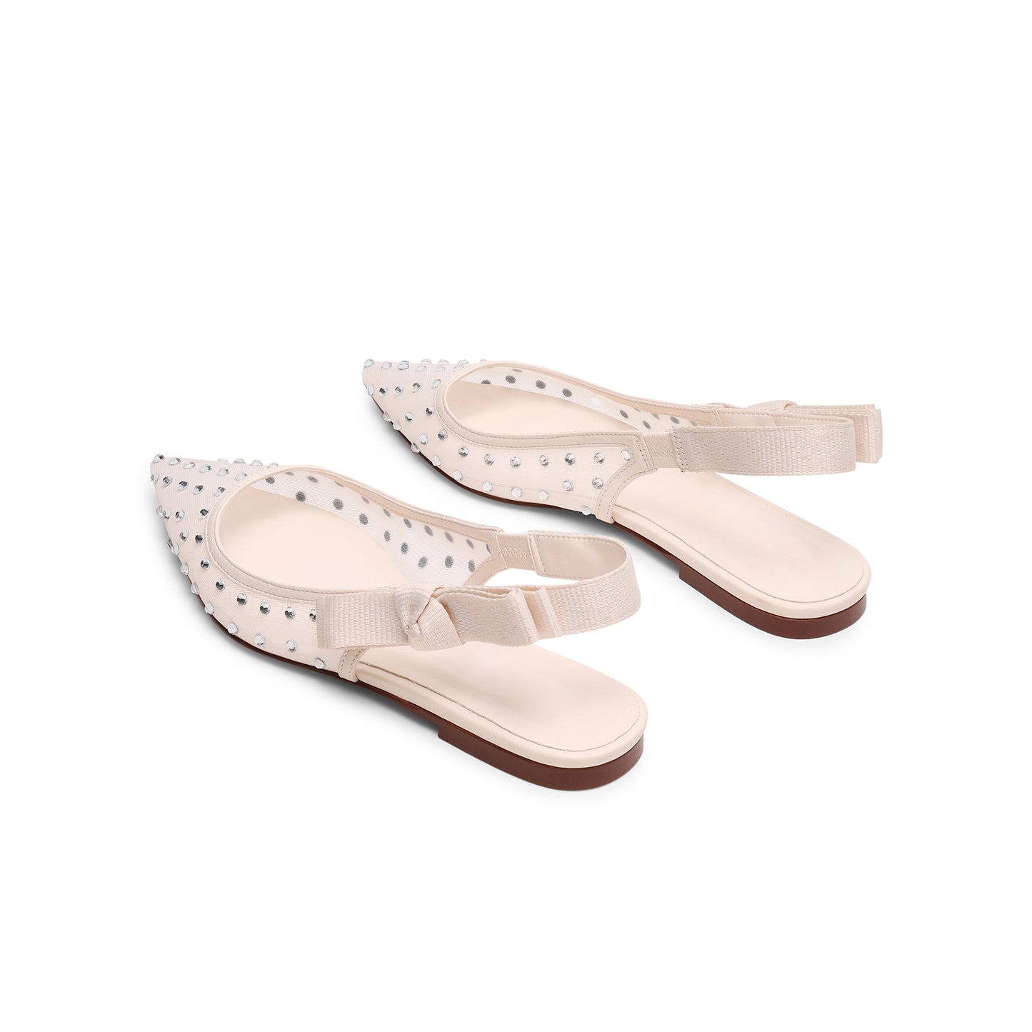 Ivory Mesh Pointed-Toe Rhinestones And Slingback With Bow Flats