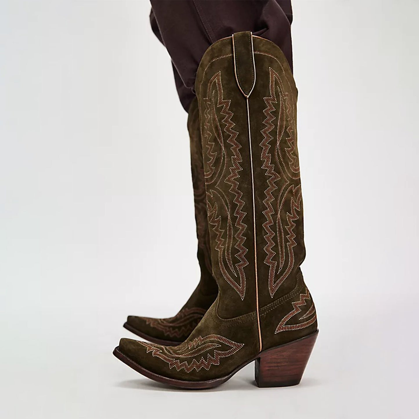 Olive Green Faux Suede Snip-Toe Embroidery Half-Zip Knee High Cowgirl Boots