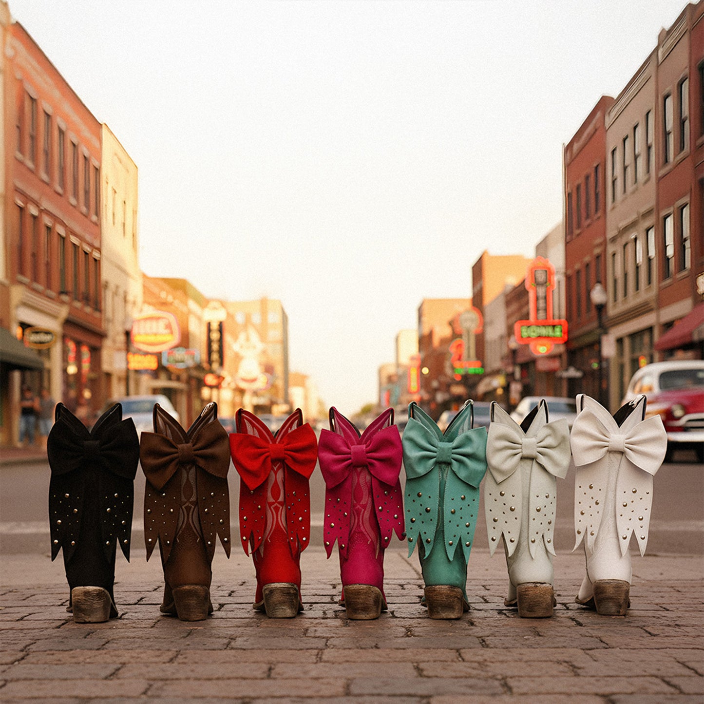 Red Pointed-Toe Embroidery Back Studded Bow Mid Calf Cowgirl Boots