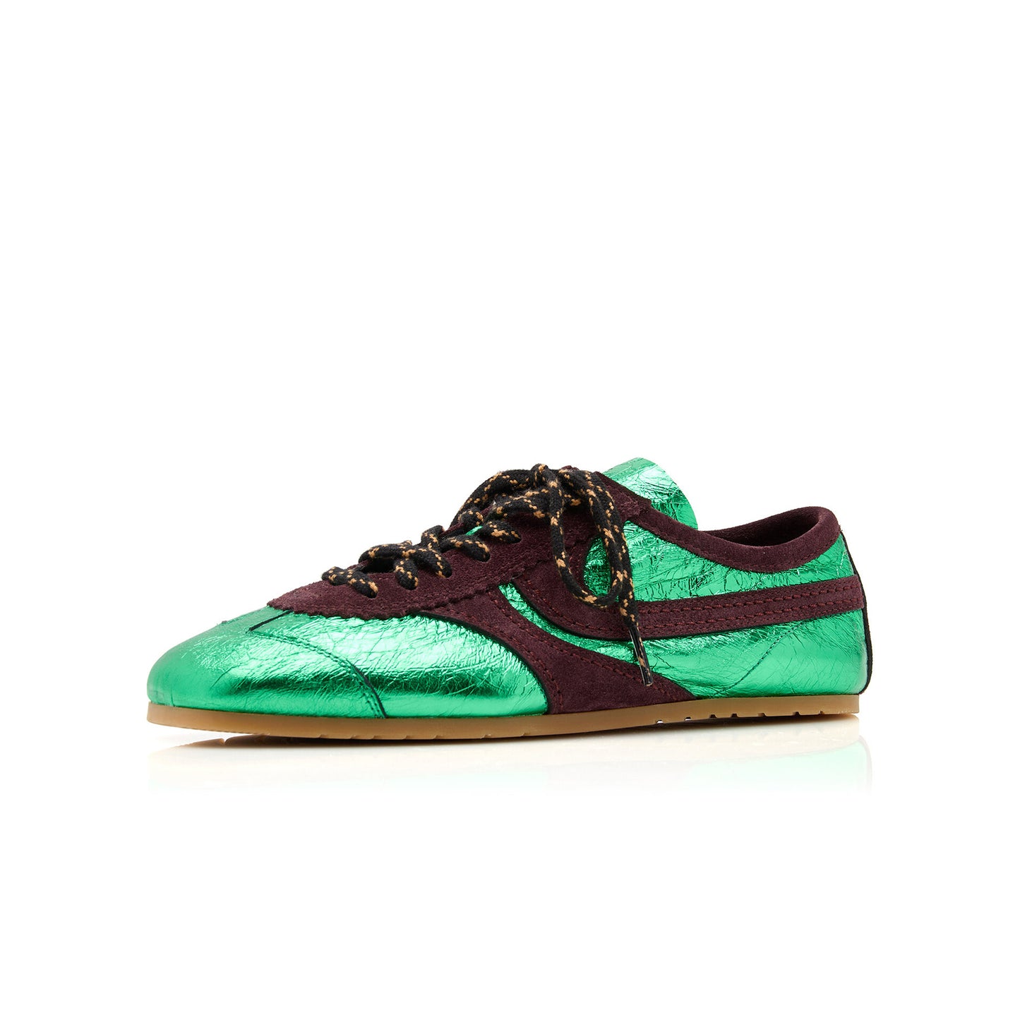 Green Contrast Faux Suede And Metallic Vegan Leather Square-Toe Lace-Up Sneakers Flats