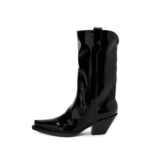 Patent Black Snip-Toe Classic Mid Calf Cowgirl Boots