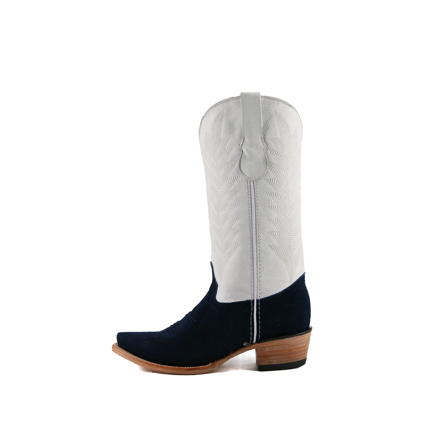 Contrast White And Navy Faux Suede Snip-Toe Embroidery Mid Calf Cowgirl Boots