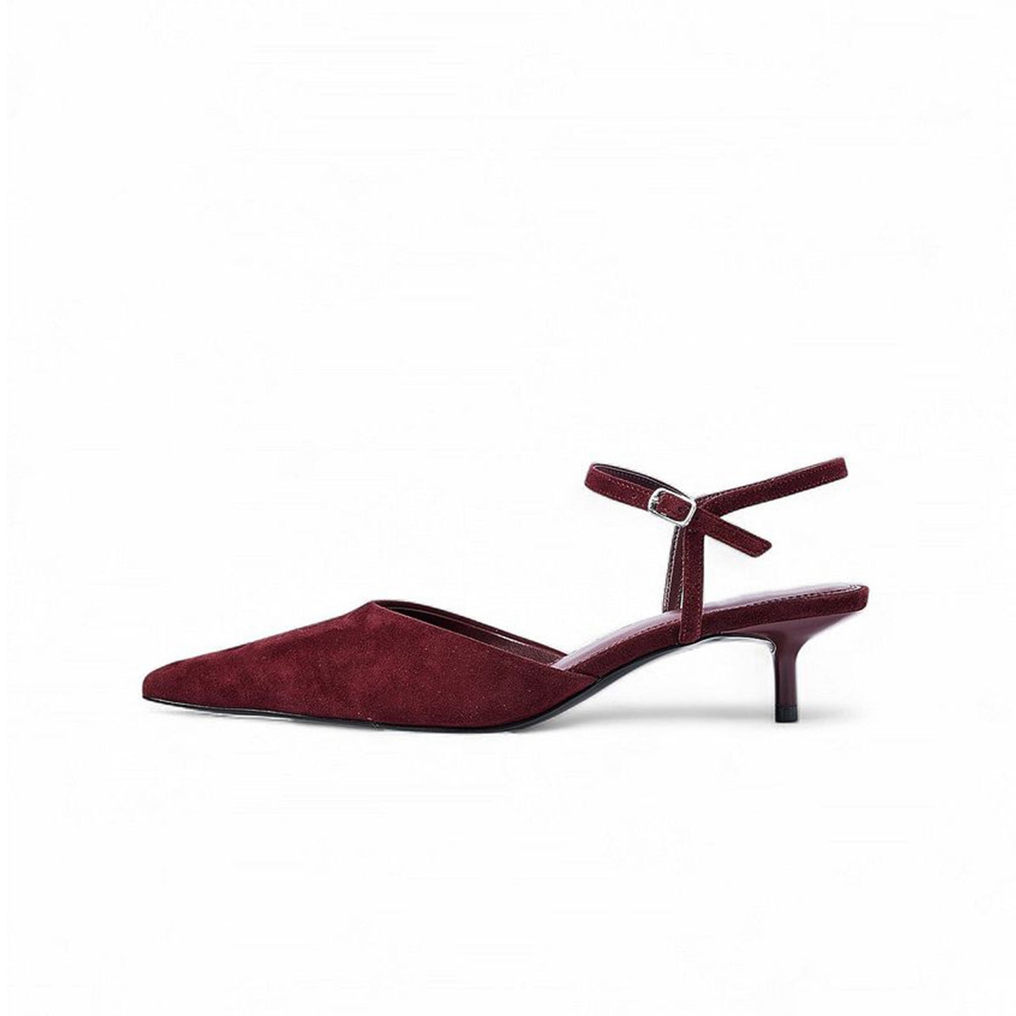 Burgundy Faux Suede Pointed-Toe Ankle Strap Kitten Heels Pumps