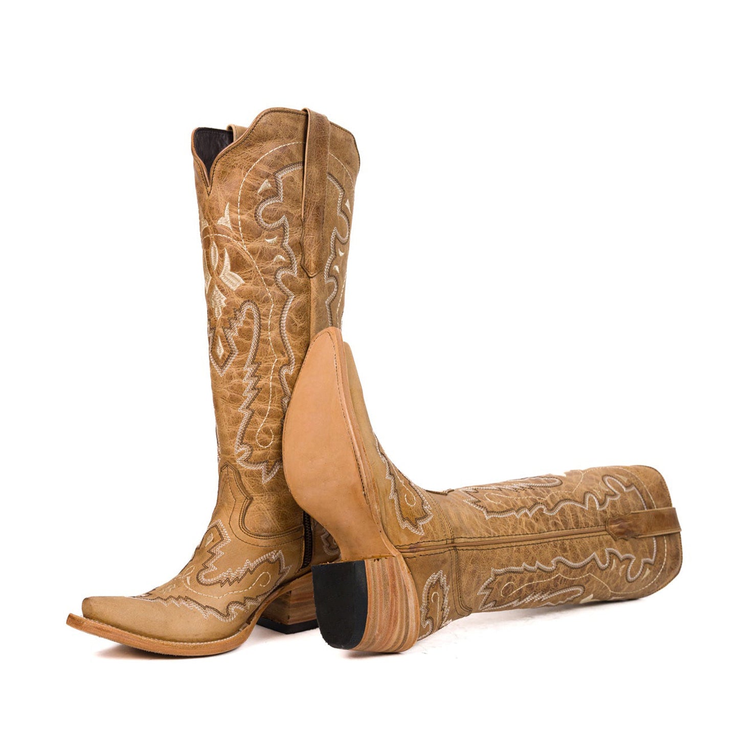 Tan Snip-Toe Stylish Embroidery Half-Zip Classic Knee High Cowgirl Boots
