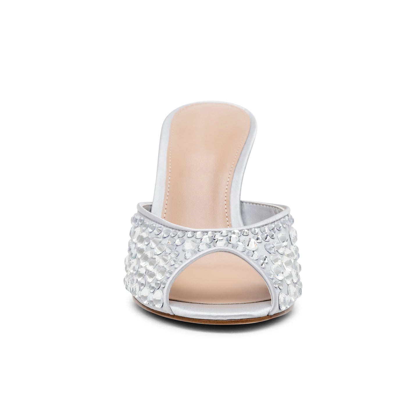 Silver Satin Open Almond-Toe Rhinestone Backless High Heels