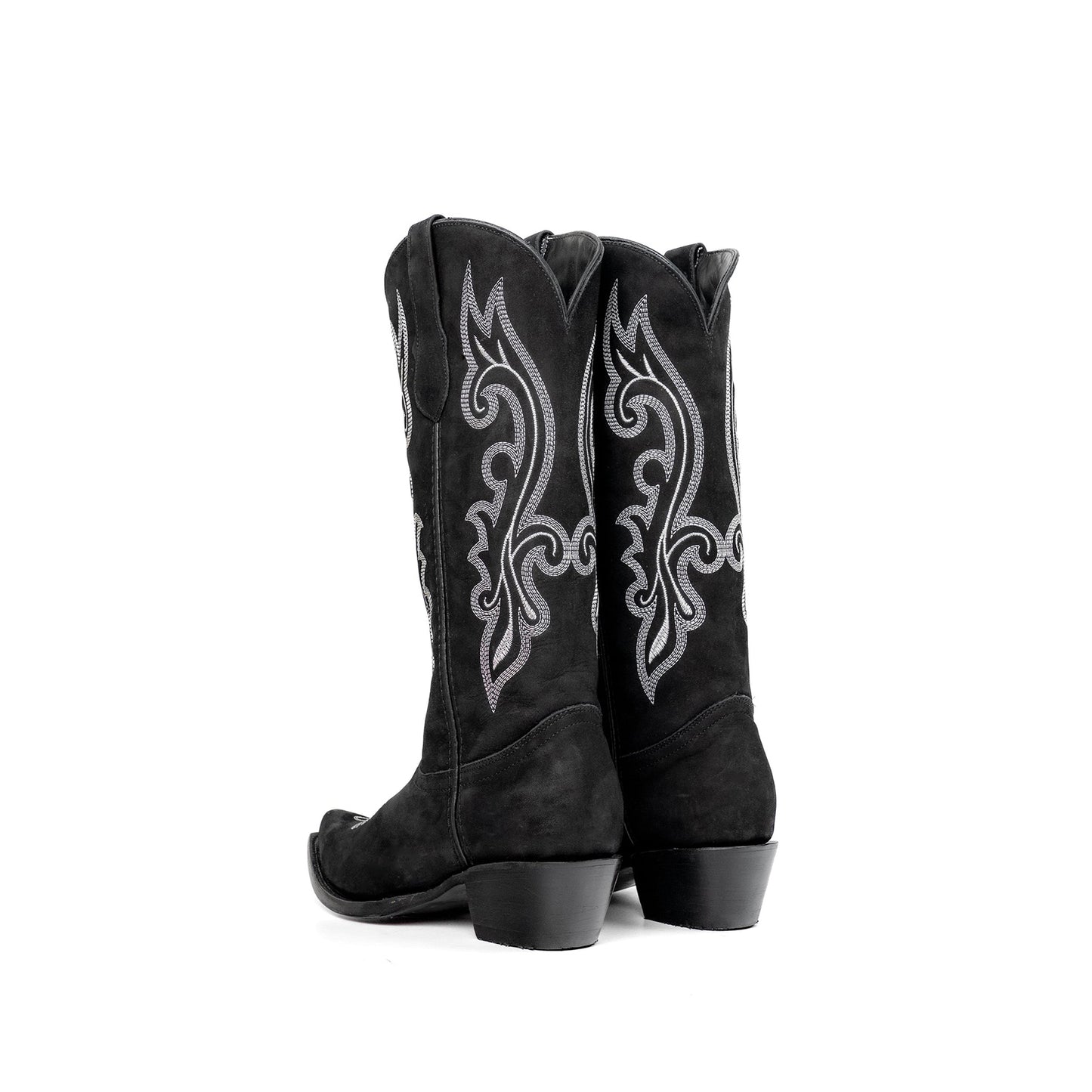 Black Faux Suede Snip-Toe Refined Embroidery Mid Calf Cowgirl Boots