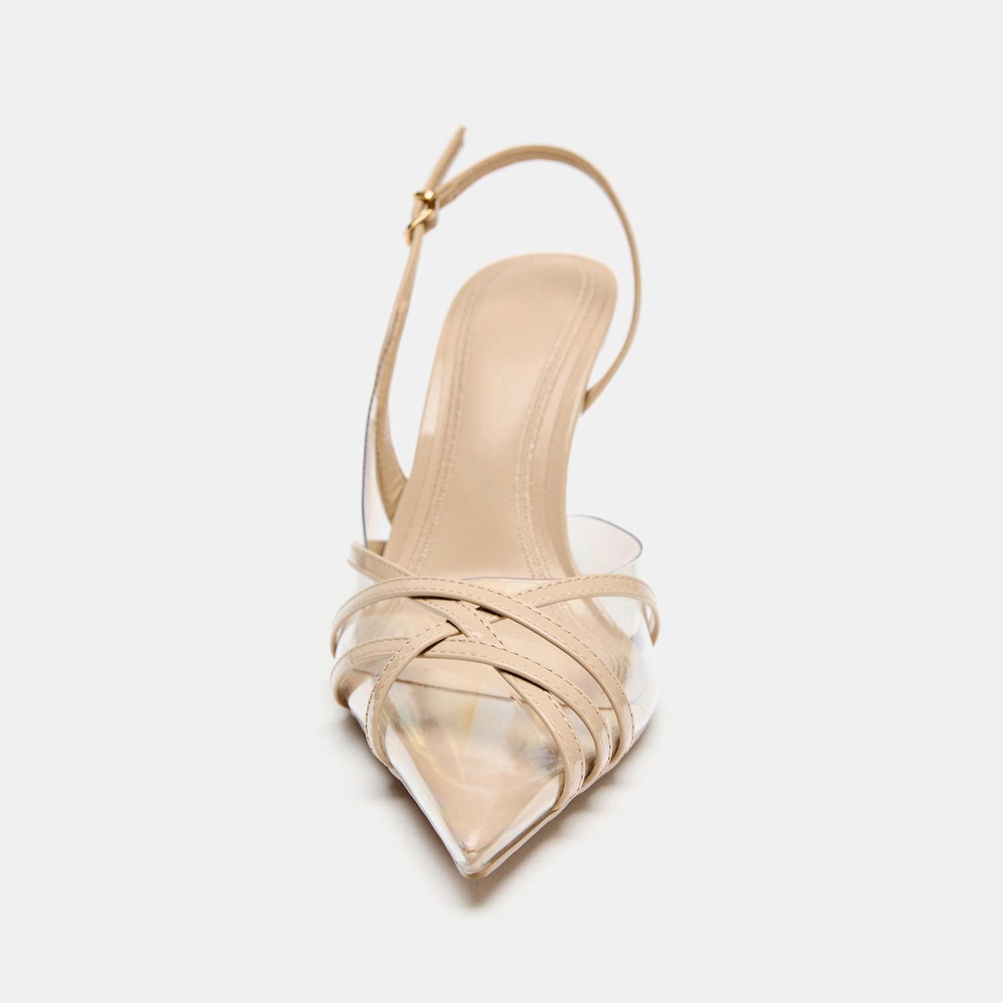 Patent Beige And Transparent TPU Film Pointed-Toe Crisscross Strap And Slingback High Heels