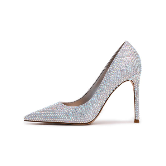 Iridescent Satin Full Rhinestones Pointed-Toe Classic Slingback High Heels