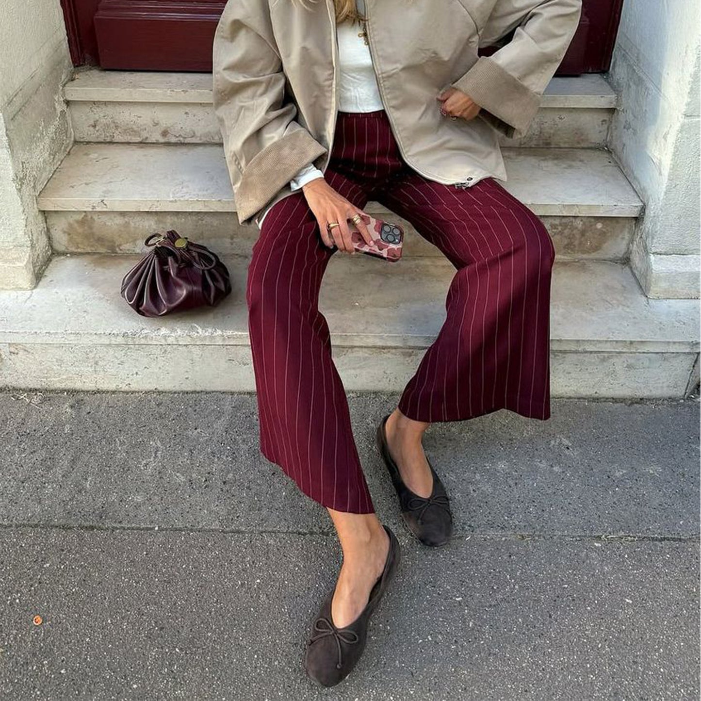 Brown Faux Suede Round-Toe Classic Front Bow Detail Ballet Flats