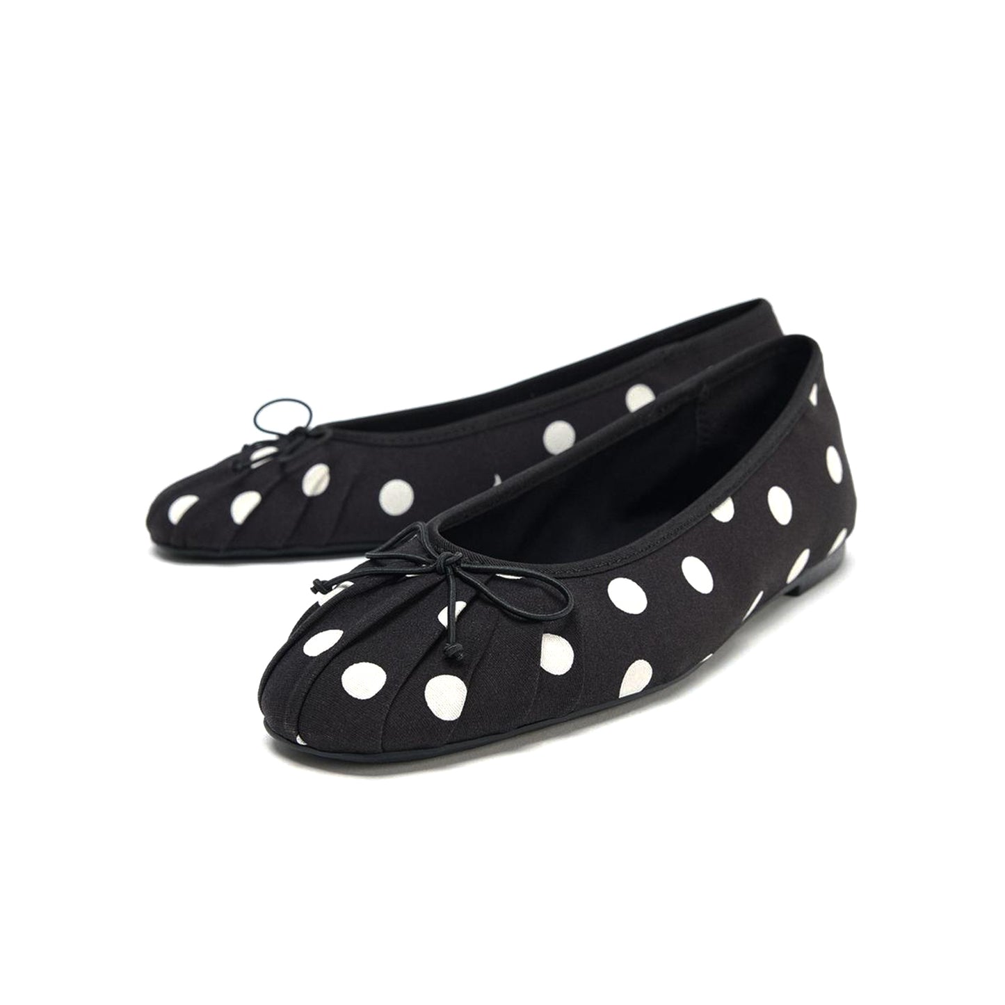 Black Polka Dot Satin Round-Toe Front Bow Ballet Flats