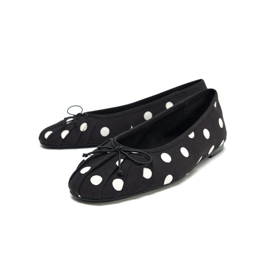 Black Polka Dot Satin Round-Toe Front Bow Ballet Flats