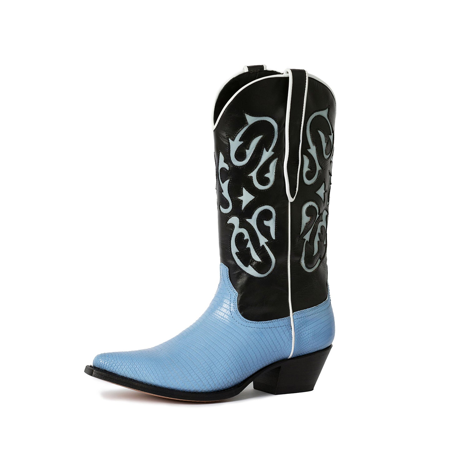 Contrast Black And Blue Lizard Print Pointed-Toe Inlays Mid Calf Cowgirl Boots