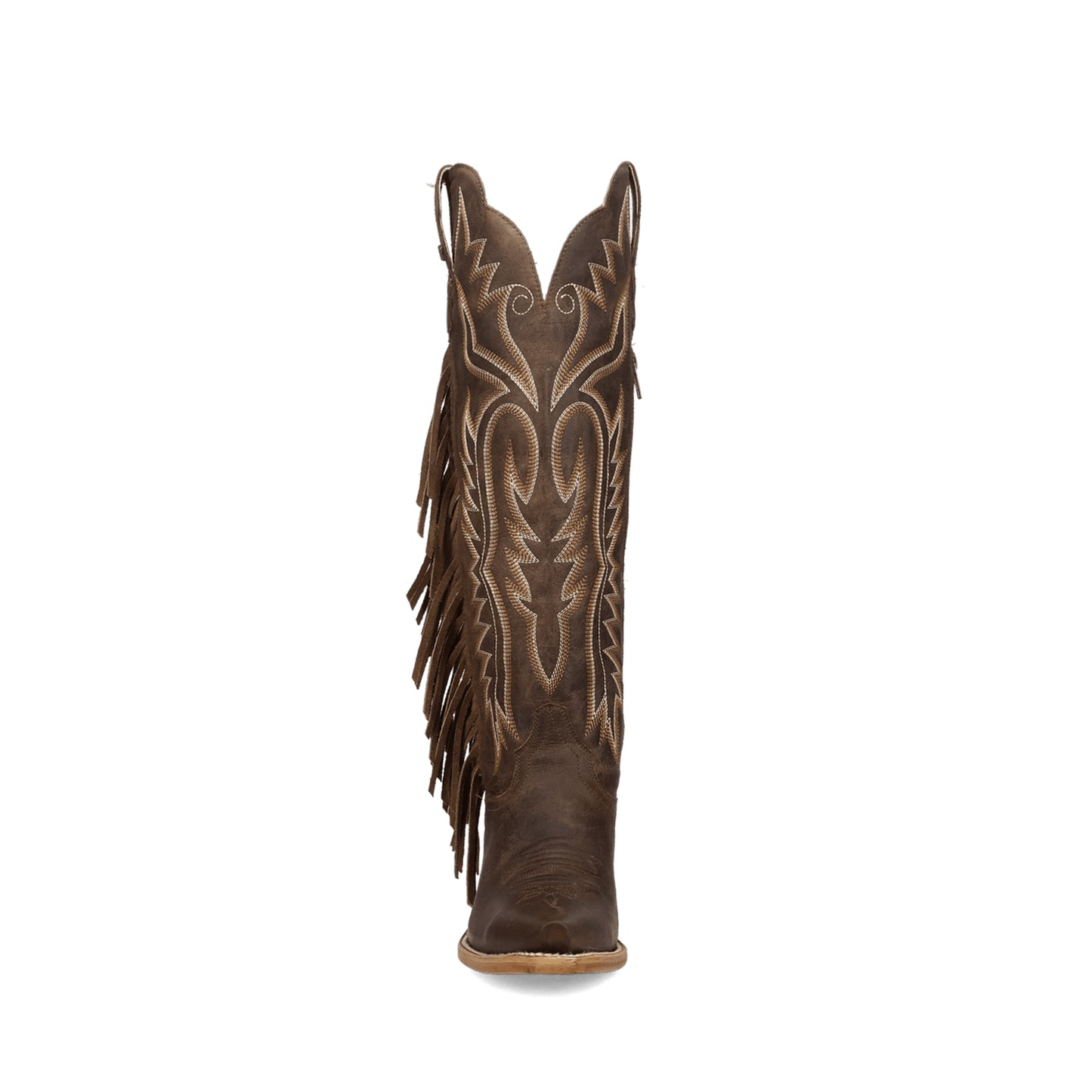 Brown Snip-Toe Side Fringe And Embroidery Full-Zip Knee High Cowgirl Boots