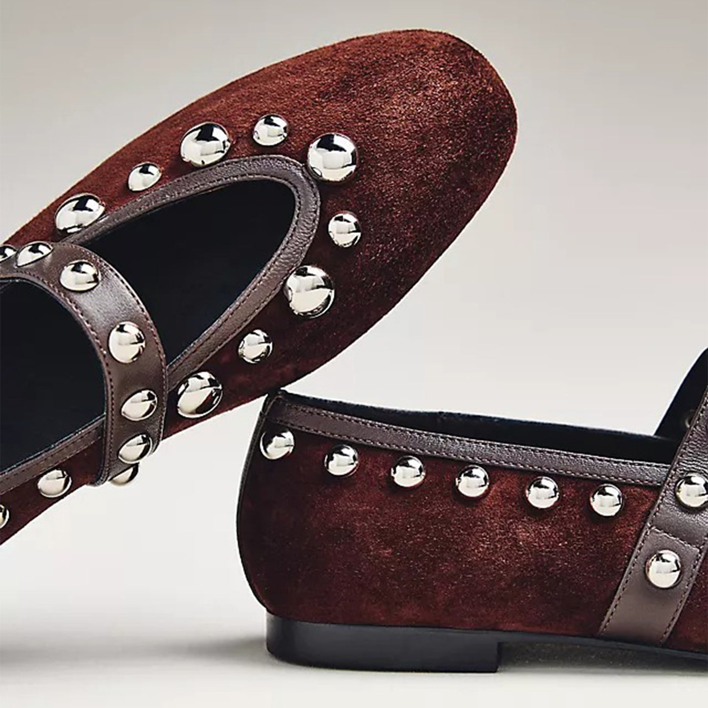 Brown Faux Suede Square-Toe Studded Bridge Strap Flats