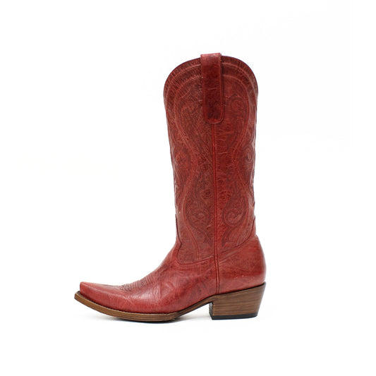Distressed Wine Red Snip-Toe Embroidery Chic Mid Calf Cowgirl Boots