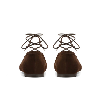 Brown Faux Suede Round-Toe Ankle Lacing Detail Lace-Up Flats