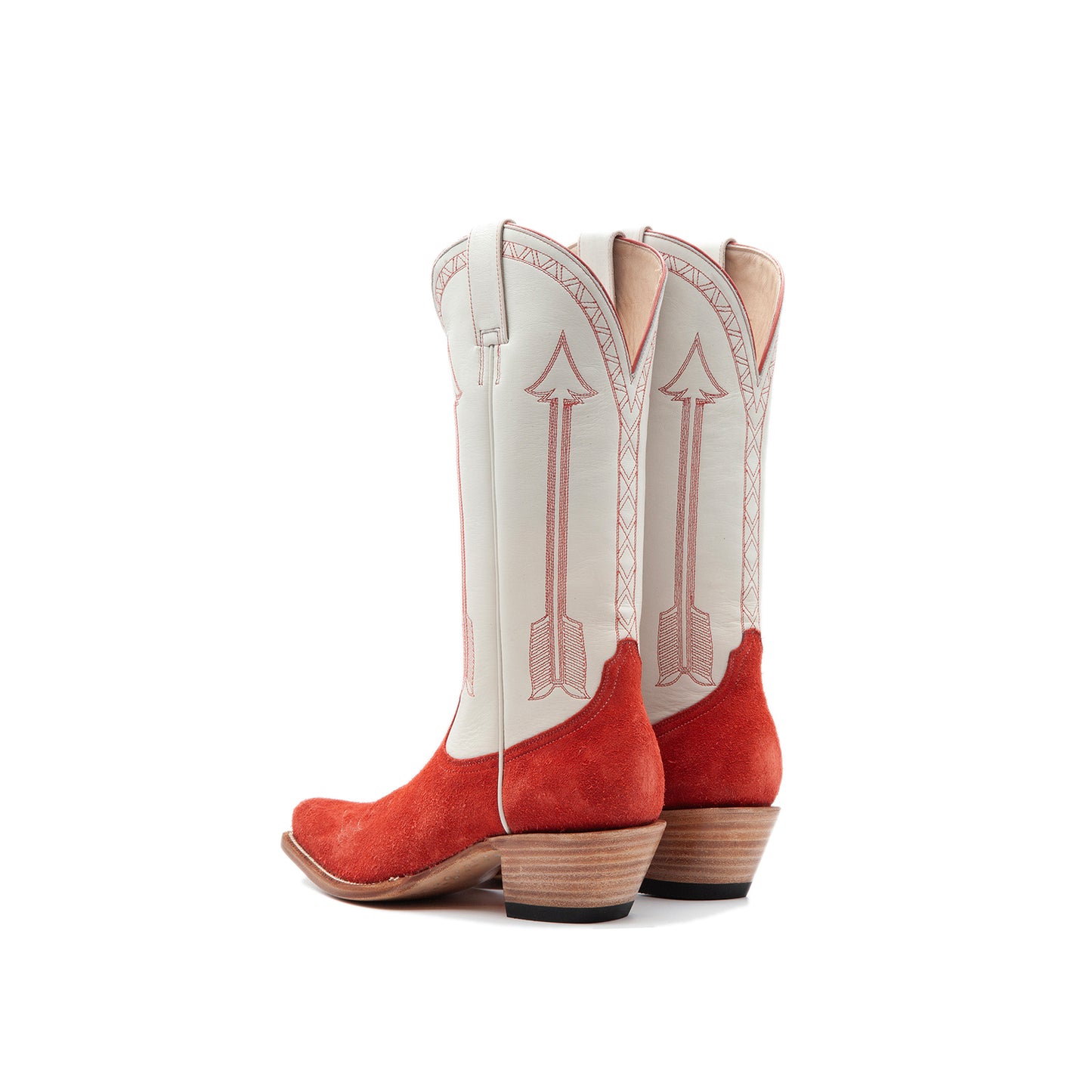 Contrast Ivory And Red Faux Suede Snip-Toe Arrow Embroidery Mid Calf Cowgirl Boots