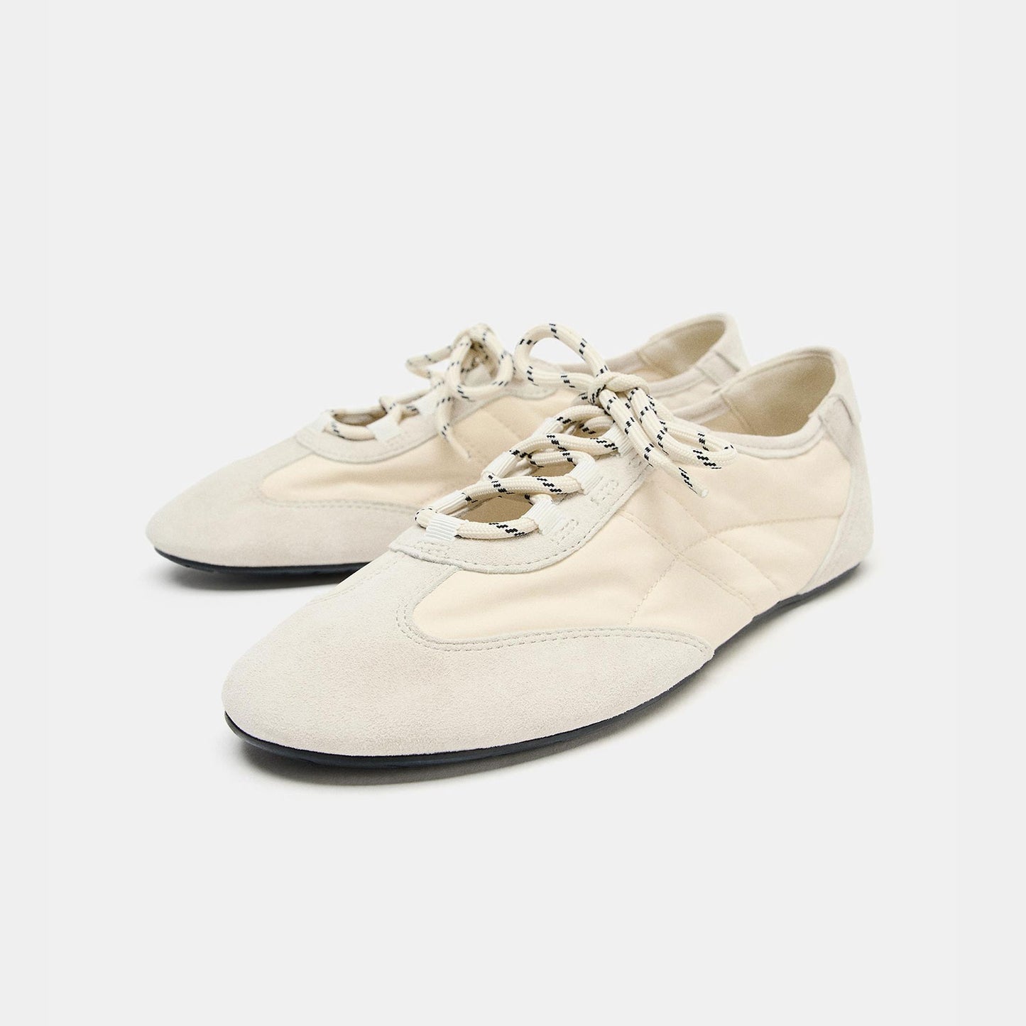 Ivory Cow Suede And Cloth Round-Toe Chic Lace-Up Sneakers
