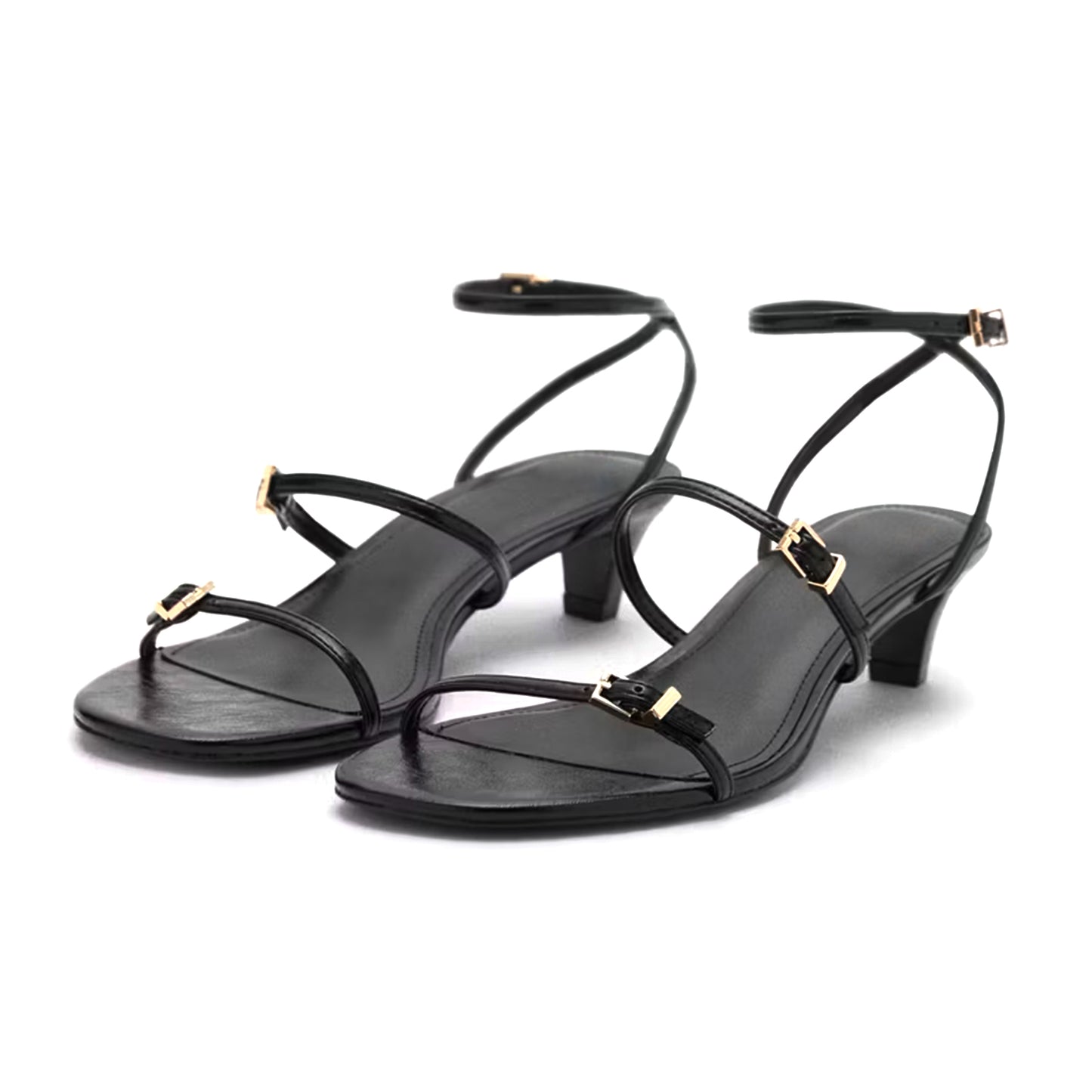 Black Square-Toe Double Straps And Ankle Strap Kitten Heels