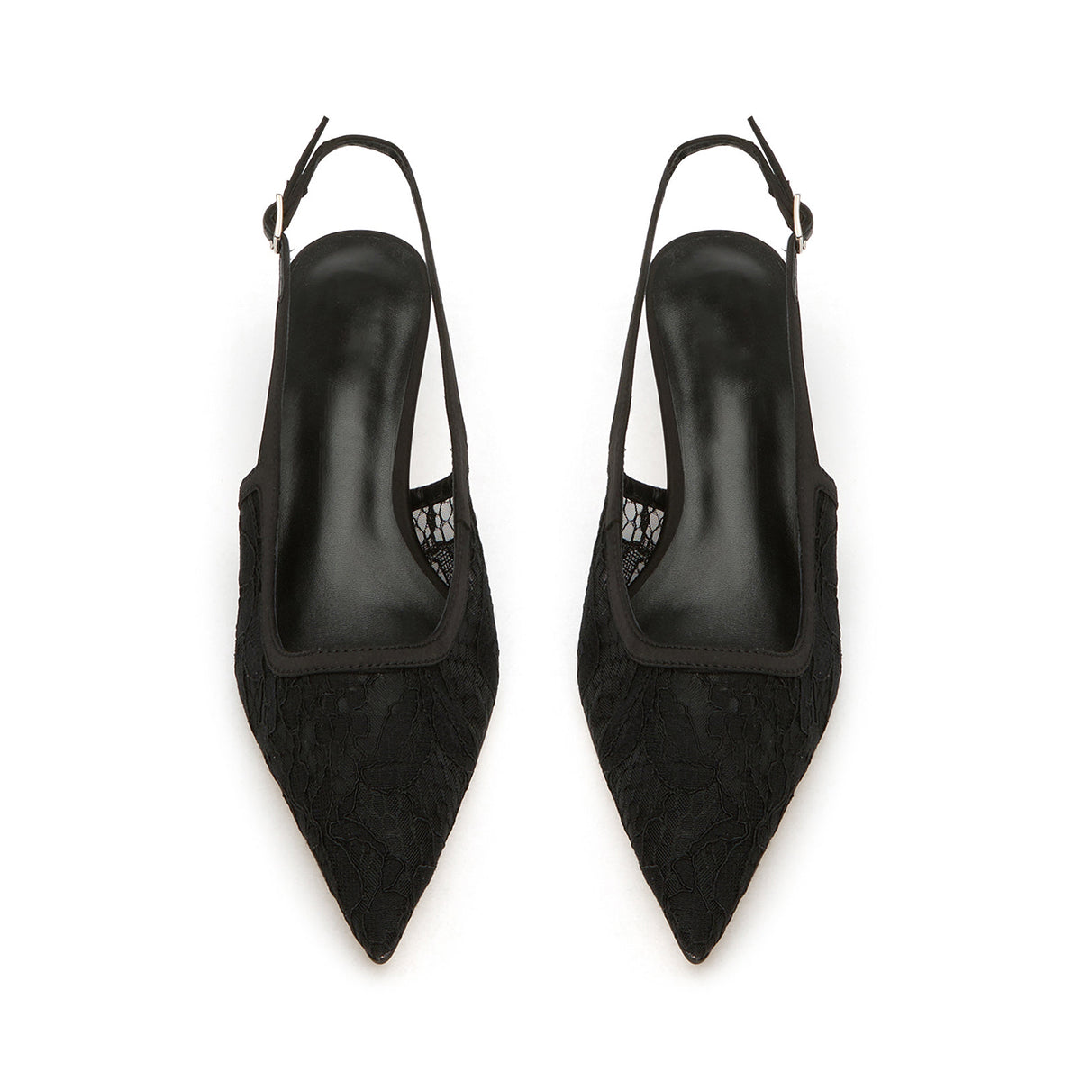 Chic Pointed-Toe Buckle Slingback Kitten Heels - Black Lace Mesh And Satin
