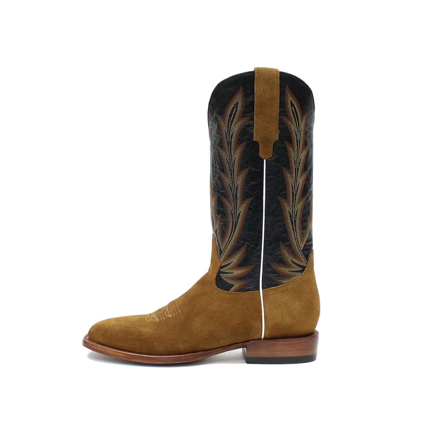 Contrast Black And Brown Square-Toe Embroidery Mid Calf Cowgirl Boots