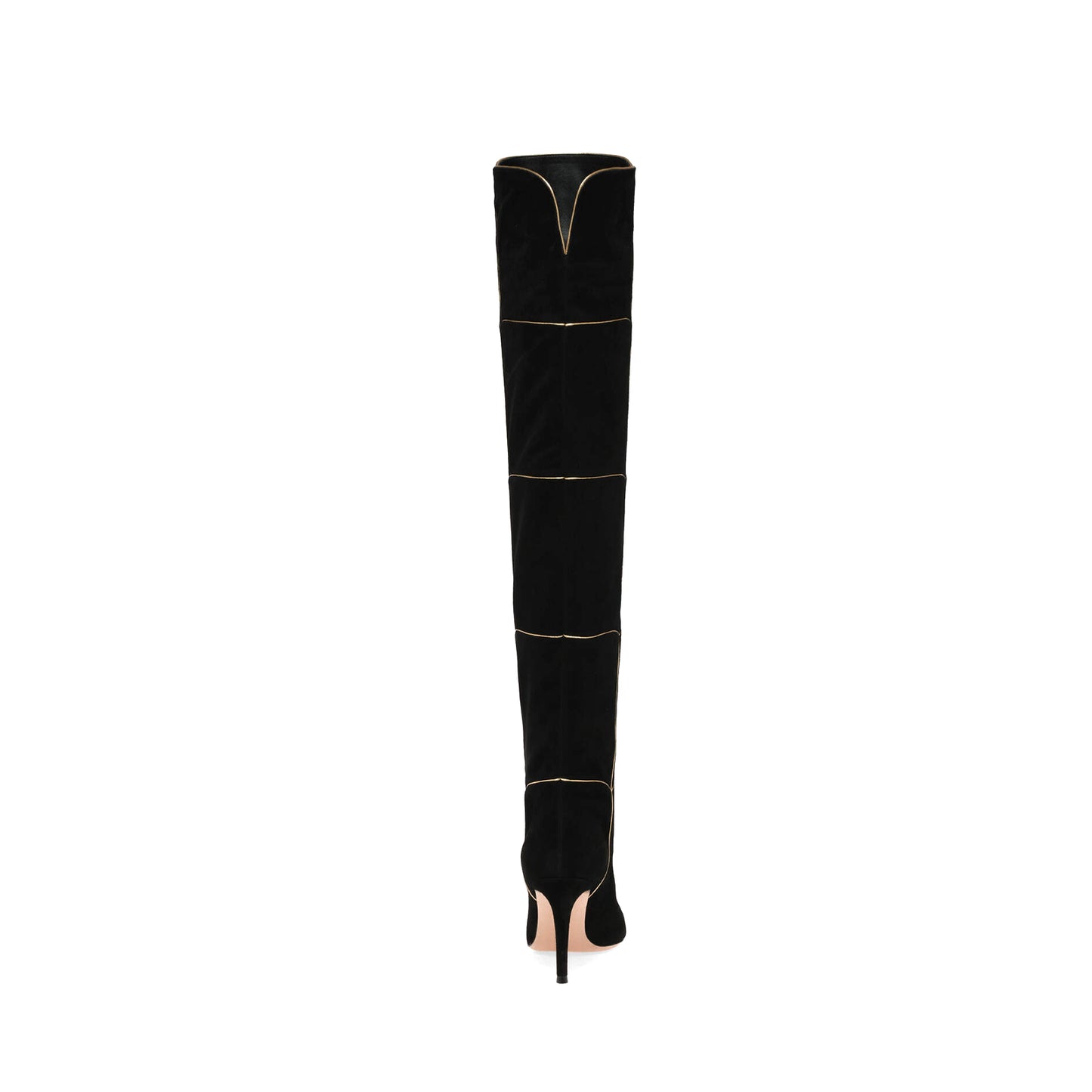 Black Faux Suede Pointed-Toe Wide Calf Metallic Gold Piping Over-The-Knee Stiletto Boots
