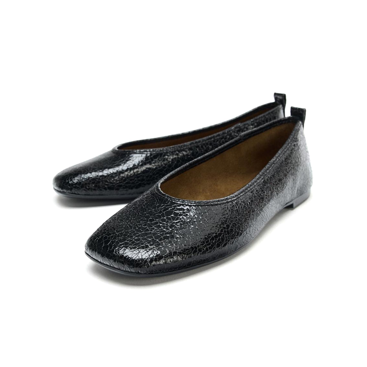 Crinkle Black Square-Toe Slip-On Ballet Flats
