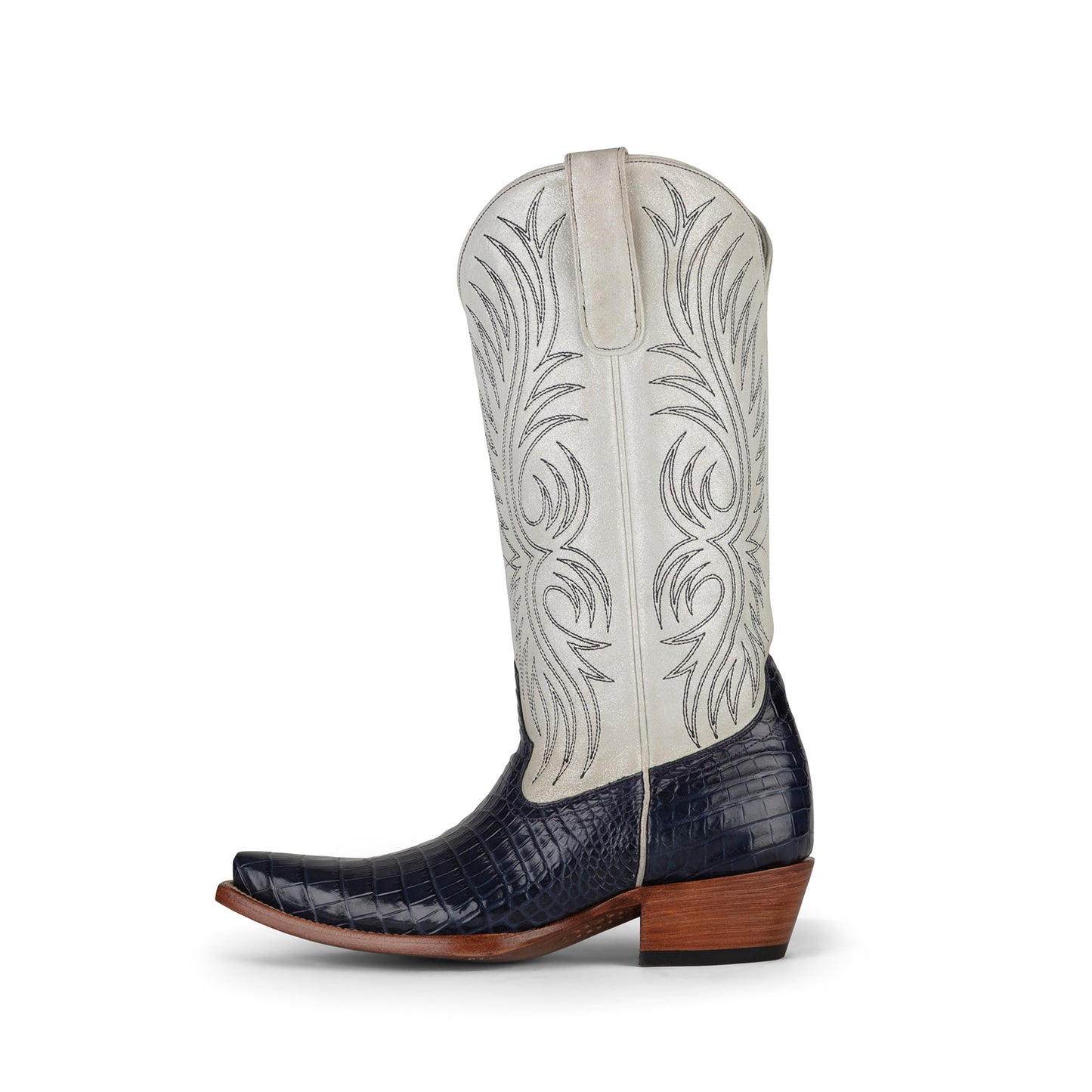Contrast Ivory And Purple Crocodile Print Snip-Toe Embroidery Mid Calf Cowgirl Boots
