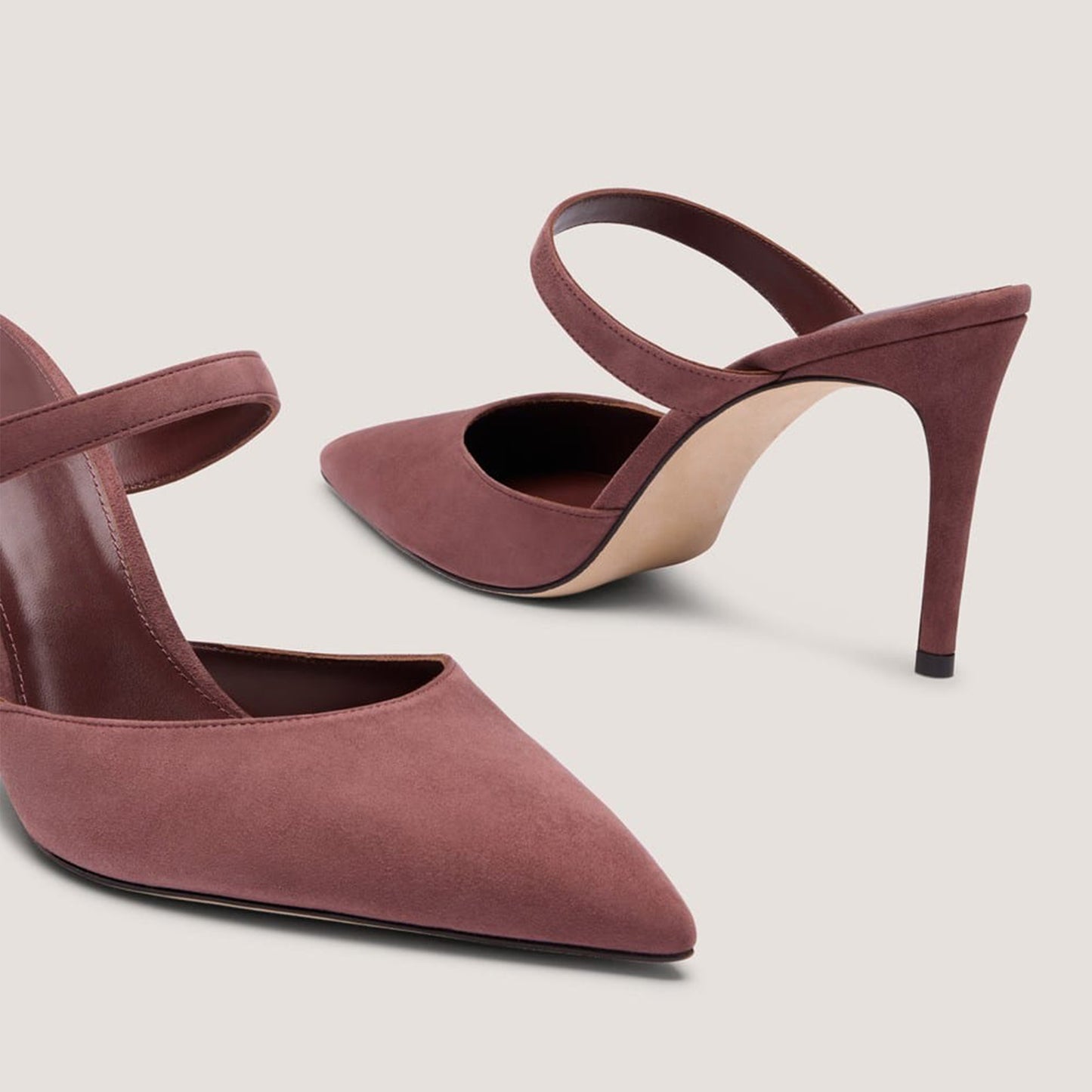Dark Taupe Faux Suede Pointed-Toe Middle Strap Slip-On High Heels