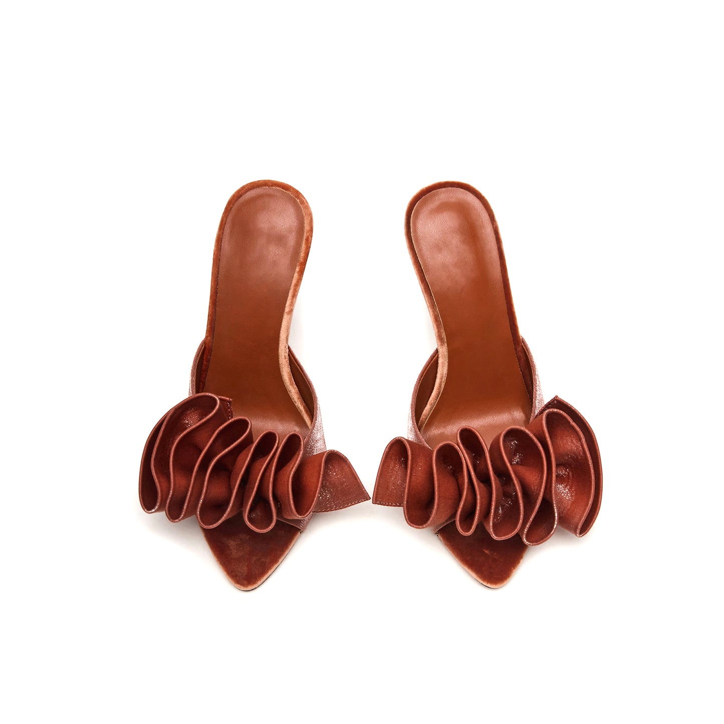 Tan Satin Pointed-Toe Slip-On Ruffle High Heels