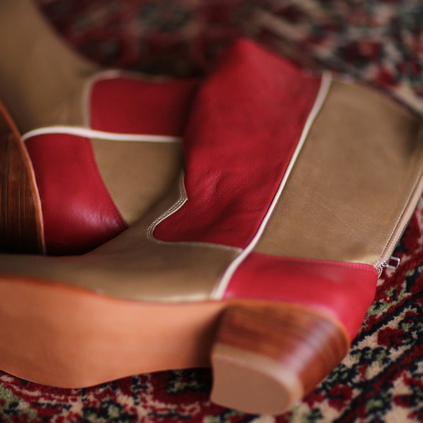 Gold And Red Almond-Toe Simple Back Full-Zip Mid Calf Cowgirl Boots