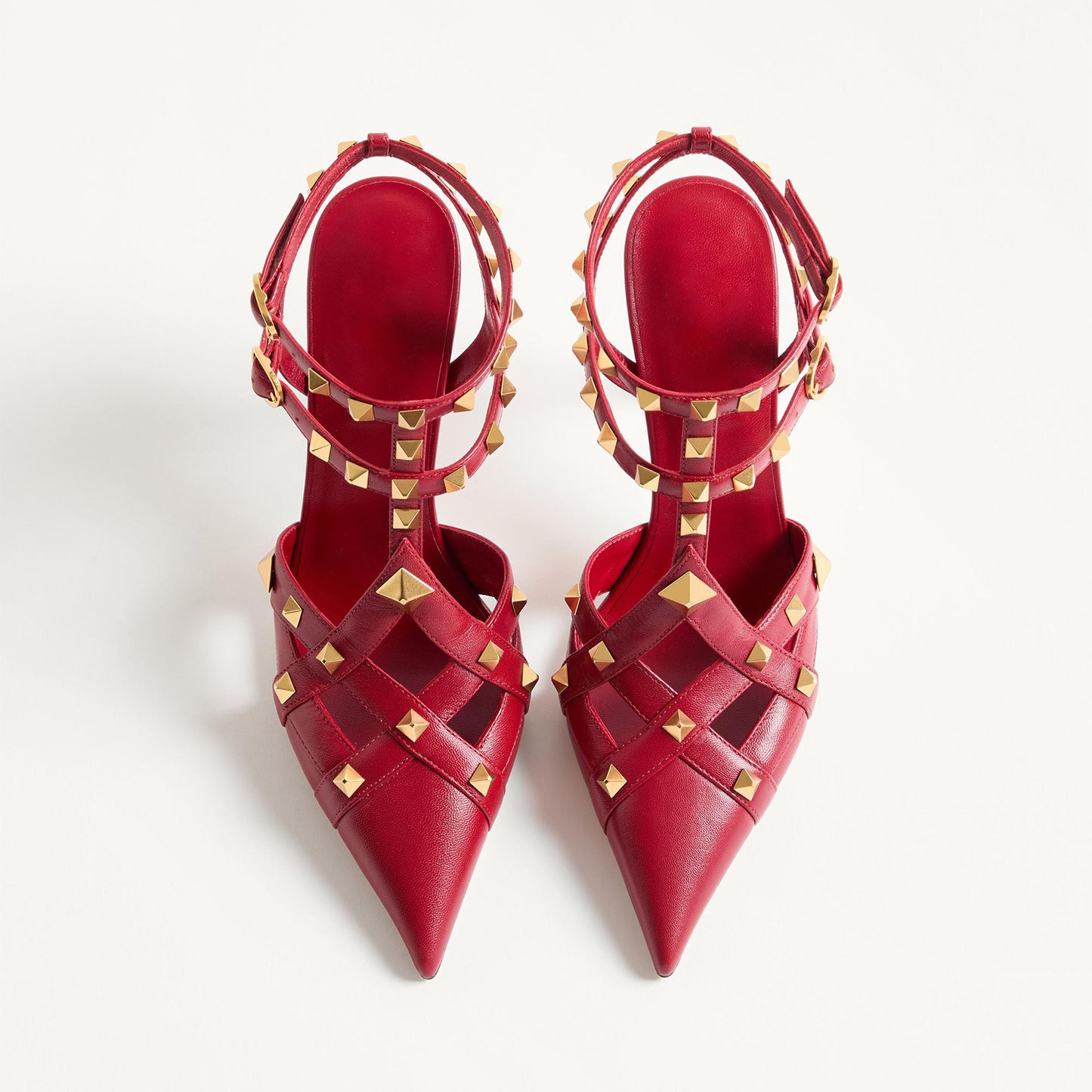 Red Pointed-Toe Studded Strappy Ankle Strap High Heels
