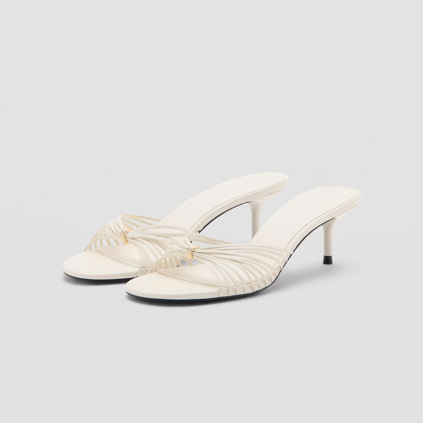 White Square-Toe Front Strappy Backless Slip-On Kitten Heels
