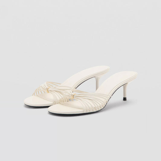 White Square-Toe Front Strappy Backless Slip-On Kitten Heels
