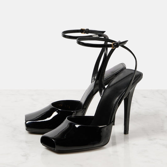 Patent Black Square-Toe Ankle Strap High Heels