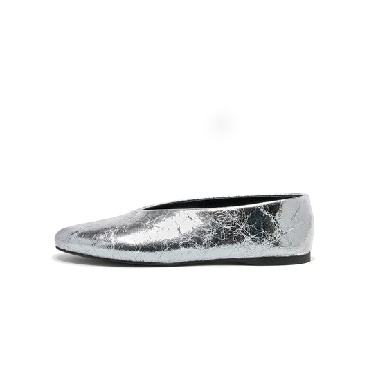 Metallic Silver Round-Toe Slip-On Classic Ballet Flats
