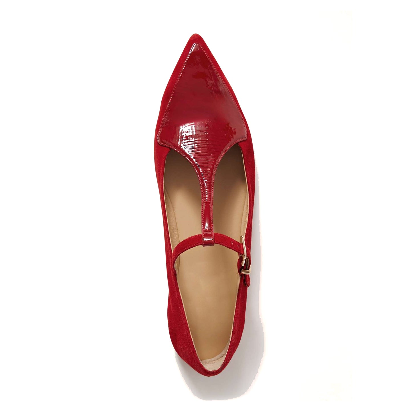 Red Contrast Patent Leather And Faux Suede Pointed-Toe Mary Jane Flats
