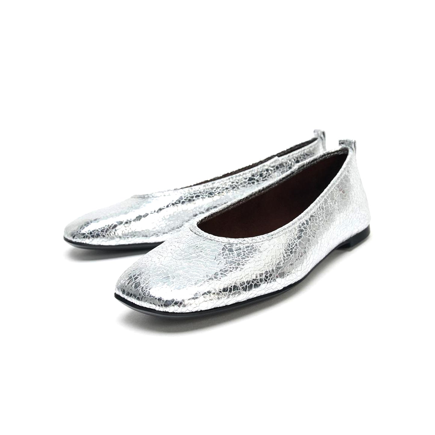Crinkle Metallic Silver Square-Toe Slip-On Ballet Flats