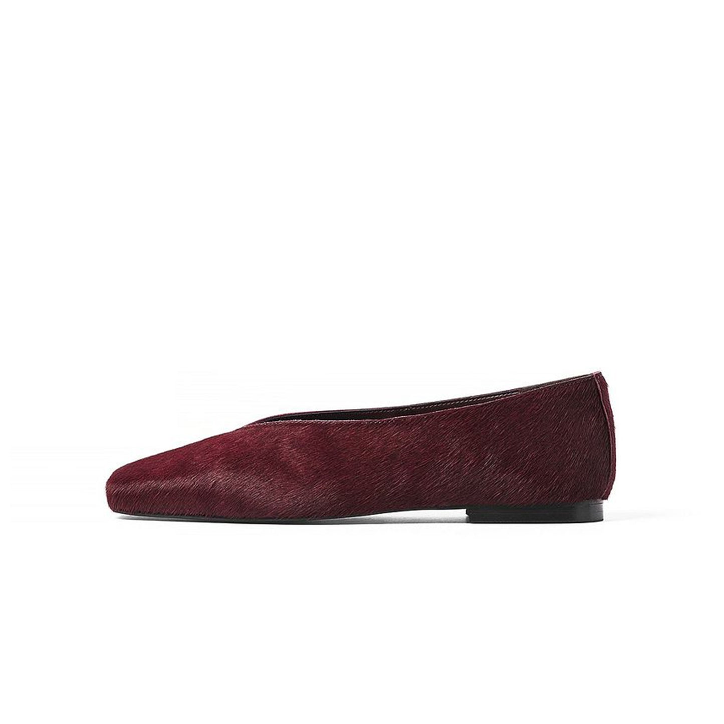 Burgundy Pony Hair Vegan Leather Square-Toe Simple Slip-On Ballet Flats